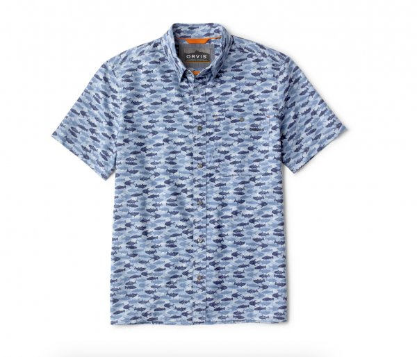 "Dusty Blue Print" Printed Tech Chambray Short-Sleeved Shirt